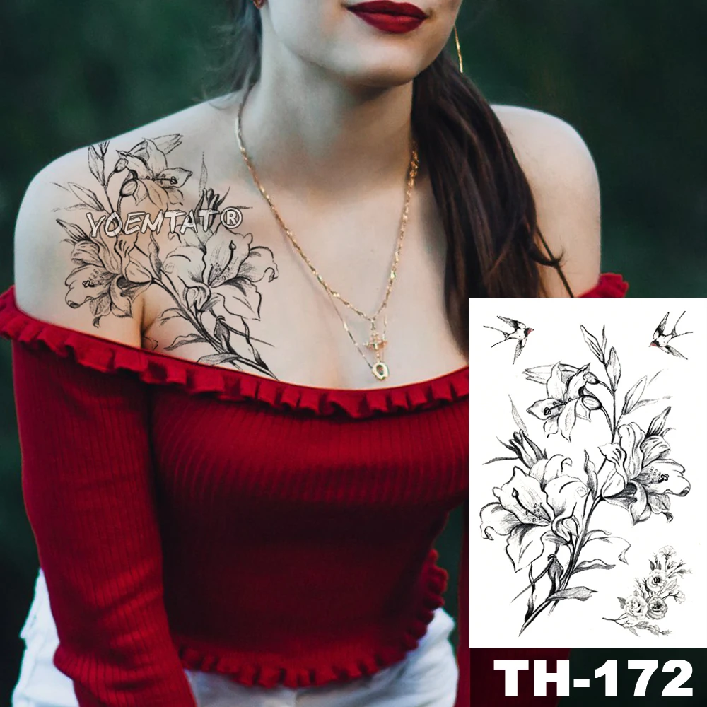 

Waterproof Temporary Tattoo Sticker sketch lily flower pattern tatoo Water Transfer Swallow body art fake arm tattoo For Women