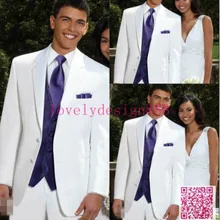 Изготовленный на заказ Белый Свадебные смокинги для мужчин, на заказ белые костюмы с фиолетовым жилетом и галстуком, высококачественные мужские белые свадебные костюмы