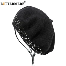 Boné de boina de lã buttermere feminino preto rebite artístico chapéus senhoras gorro francês elegante macio feminino outono inverno pintores bonés(China)