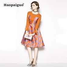 Long Flare Sleeve Yellow Dress Women O-neck Big Swing A-Line Women Dresses Casual Print Roupas Winter Dress Plus Size S-XXL stylish round neck long sleeve voile spliced a line women s dress