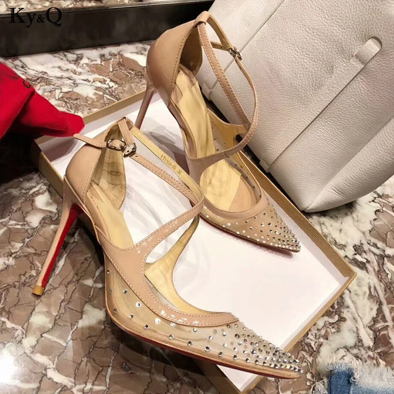 

2019 Summer New Ladies Fashion Pointed Comfortable Rhinestones Fine With Mesh Cross Straps High Heel Casual Wild Sandals 10CM