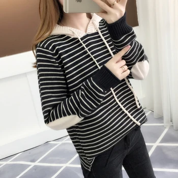 

pullover, black-and-white striped cap, bottom knitted sweater, patched Korean version sweater for spring wear, 2019