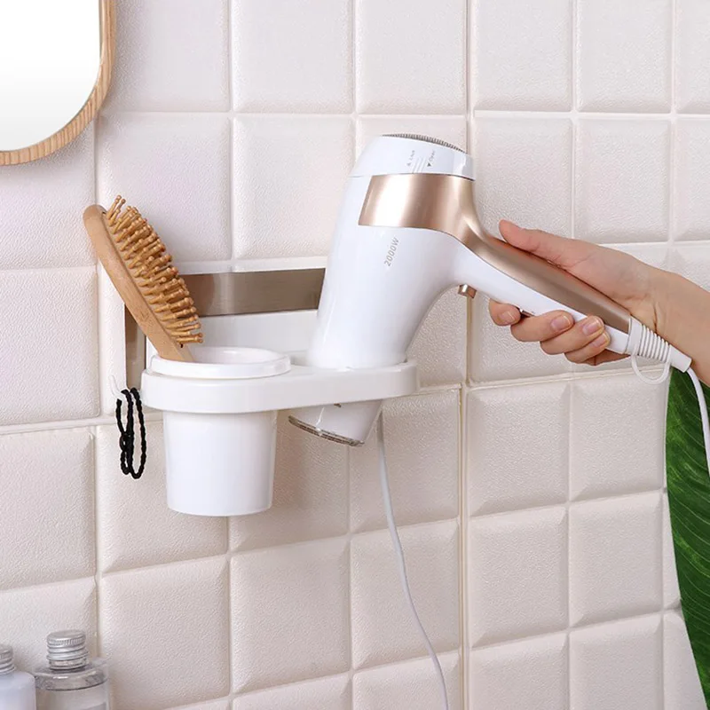 

Hot New Wall Mounted Hair Dryer Holder With Comb Storage Cup Suction Plastic Bathroom Hanging Rack Organizer HY99 NO08