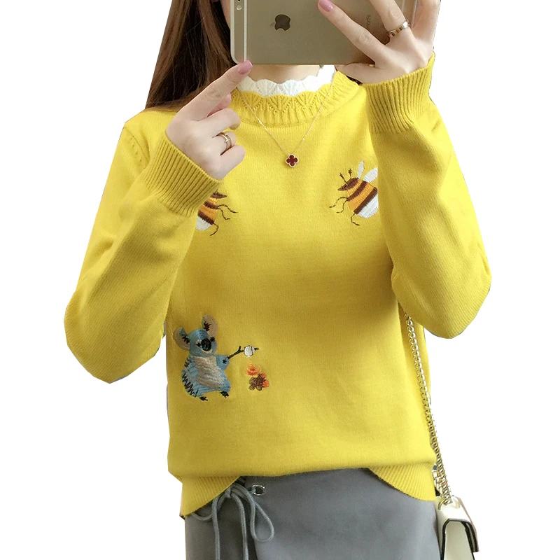 Women Pullover Fashion Sweater Casual long-sleeved O-Neck Embroidery Pattern Sweater Female loose Sweater Womens Sweater coat