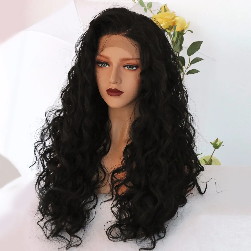 EEWIGS синтетический парик фронта шнурка с естественными волосами кудрявый синтетический парик термостойкие волосы Glueless длинные черные парики для женщин
