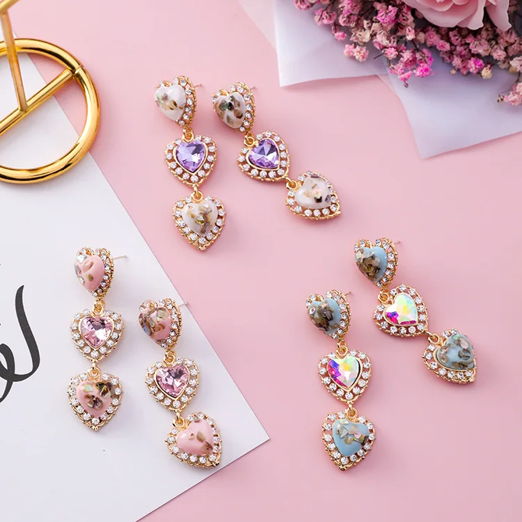 MENGJIQIAO 2018 New Colorful Shell Love Heart Crystal Long Pendientes Mujer Moda Statement Rhinestone Drop Earrings For Women