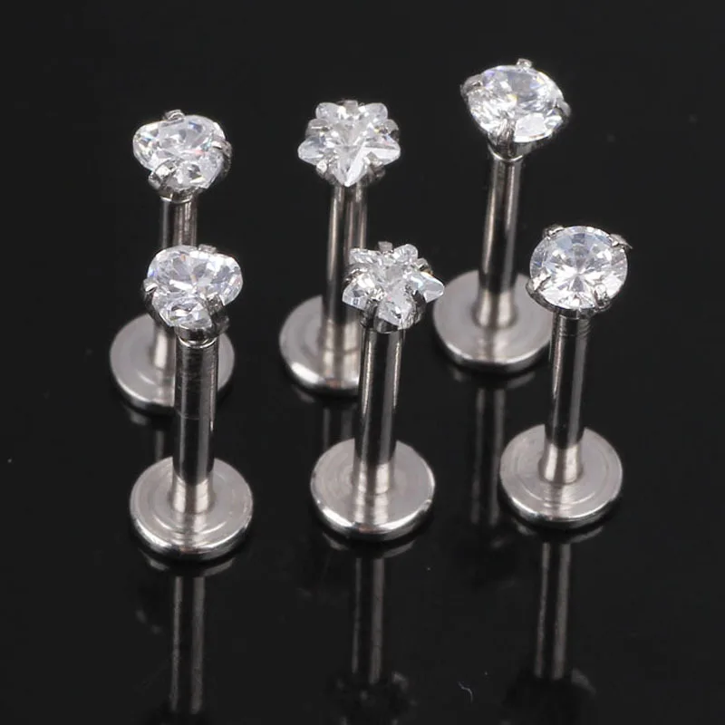 

JK Silver Labret Lip Ring Zircon Anodized Internally Threaded Prong Gem Labret Monroe 16G Tragus Ear Tragus Piercing