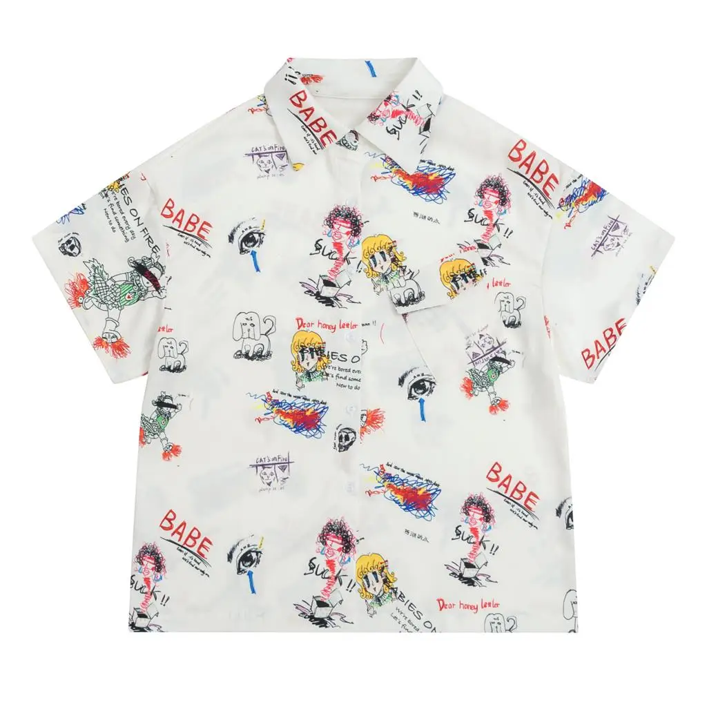 2018 Summer New Women Chiffon Blouse Short Sleeve Babe Printed Original Design White Shirts Tops Preppy Style Oversized |