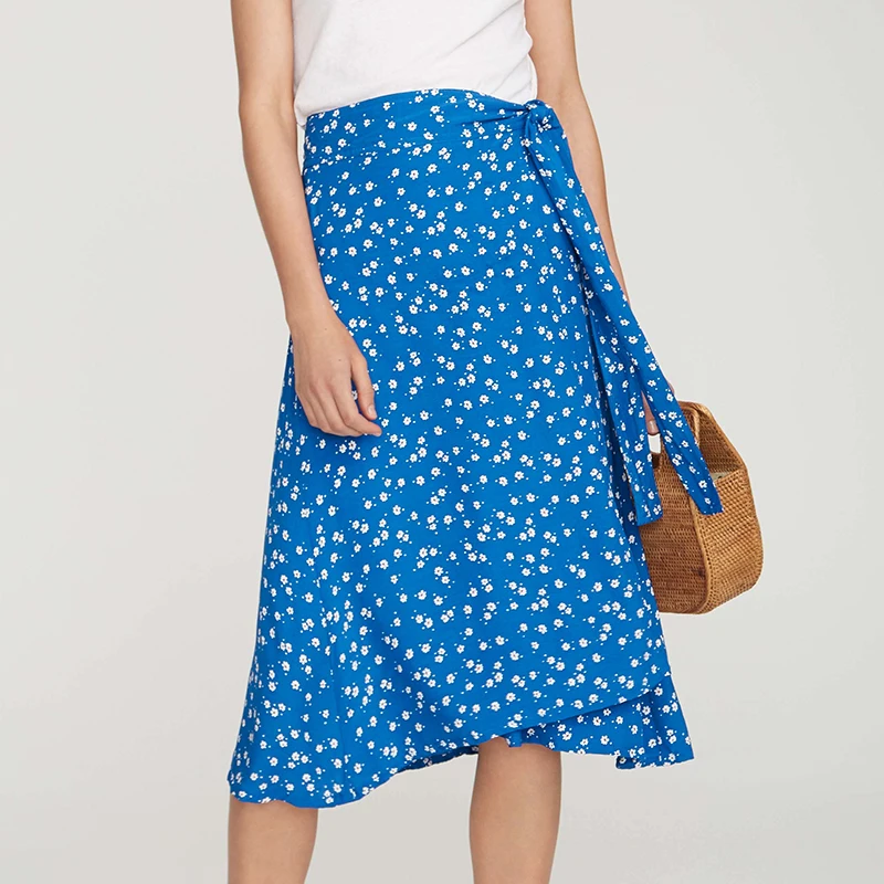 

Melegant Summer Chiffon Bow Women Wrap Skirts Midi Party Skirts High Waist Casual Female Elegant Blue Skirt