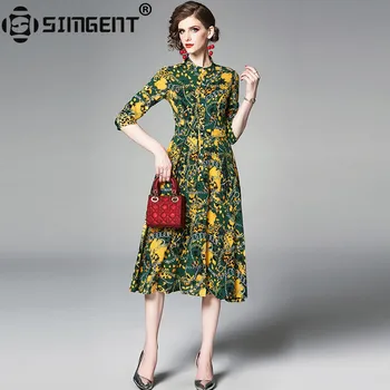 

Simgent Womens Dress New Summer Blouse Stand Collar Three Quarter Sleeve A Line Print Dress Vestidos Robe Ete 2019 Femme SG9573