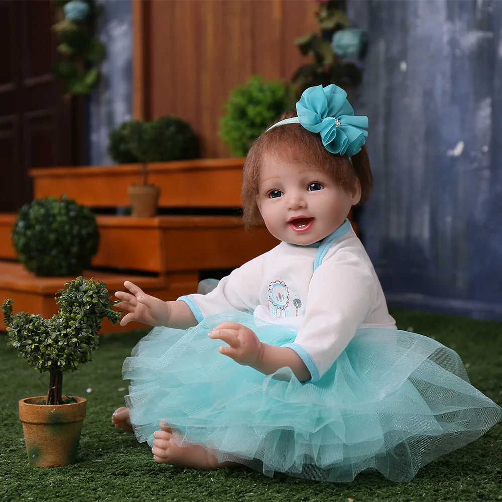 Light green Dress Baby girl Doll Soft Silicone Magnetic Mouth Lovely Lifelike Daby with Headband