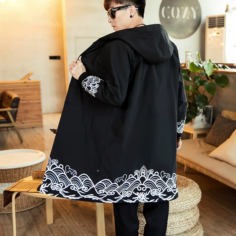 Chinese Mens Trench Coat Spring New Long Casual Overcoat Spray Print Hooded Male Big Size Trench Coat Windproof Homme Chinese Mens Trench Coat Spring New Long Casual Overcoat Spray Print Hooded Male Big Size Trench Coat Windproof Homme