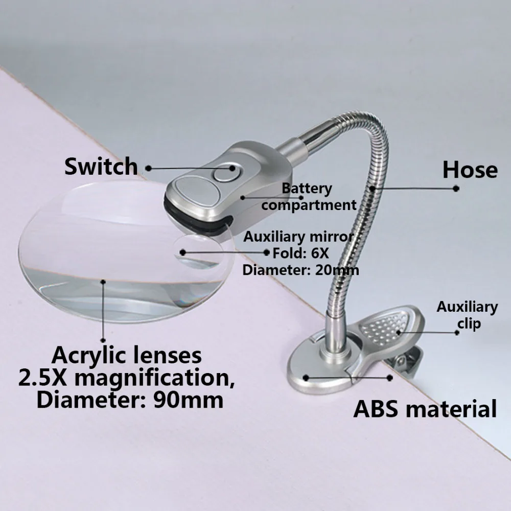 90 мм 2 светодиодный настольный лупа лампа лупа клип-на стол увеличительное стекло лупа