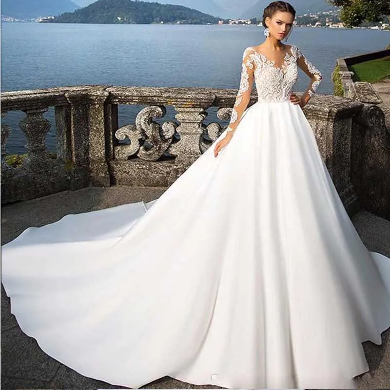 ТРАПЕЦИЕВИДНОЕ пляжное атласное свадебное платье с длинным рукавом длиной до пола с аппликацией lakshmigown