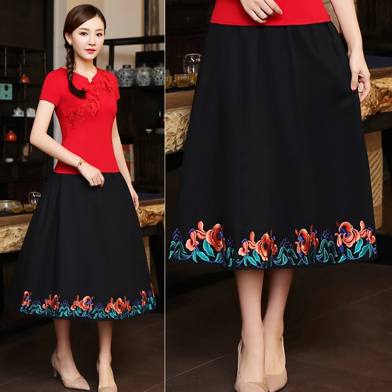 KYQIAO faldas mujer moda jupe femme женская осенняя Весенняя Мехико стиль этнический дизайн длинная Черная синяя красная юбка с вышивкой