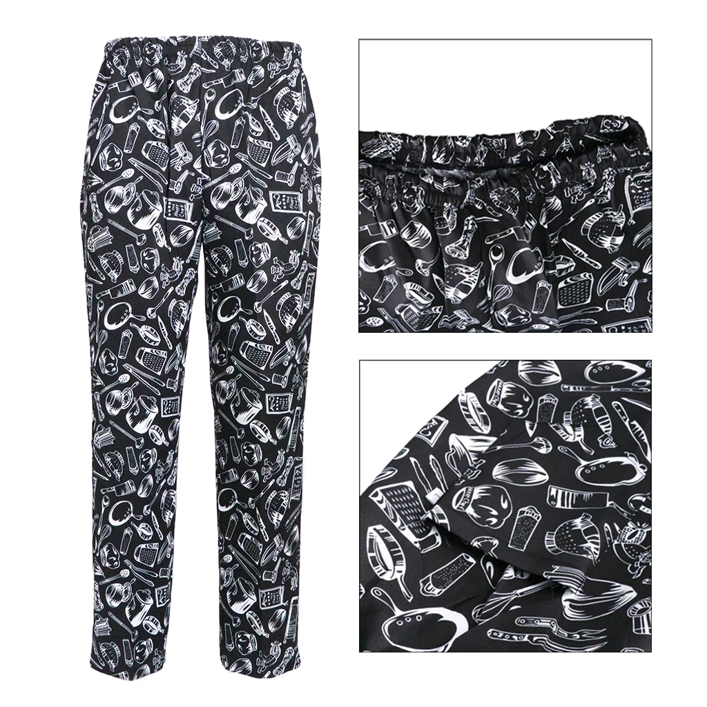 1 Pcs Baggy Chef Pants Prints Uniform Loose Pants Adjustable Drawstring Closure Kitchen Work Trousers