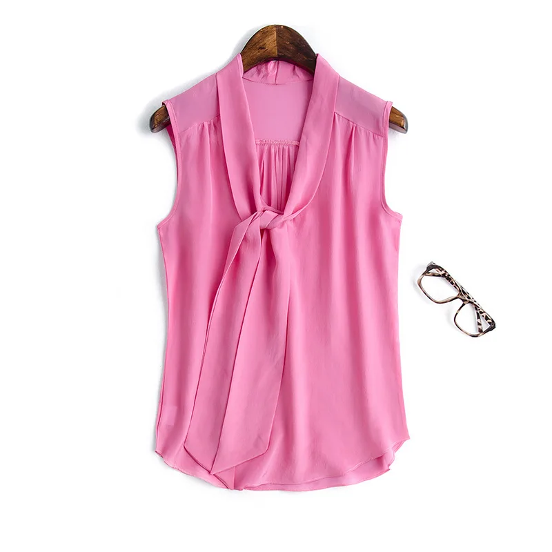 Женская шелковая блузка из натурального шелка, однотонная блузка без рукавов с бантом, женская шифоновая блузка, осень-лето, новинка