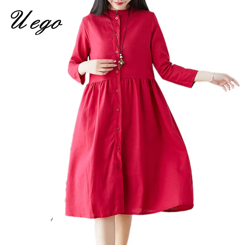 

Uego Korea Design Preppy Style Dress Cotton Linen Button Shirts Dress Long Sleeve Autumn Dress Plus Size 2019 Women Casual Dress