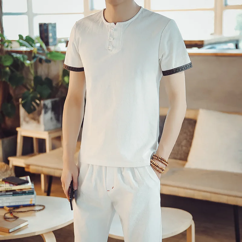 

Summer 2018 New Chinese Style Linen Cotton Men's Sets Short Sleeve Shirt + Shorts Men