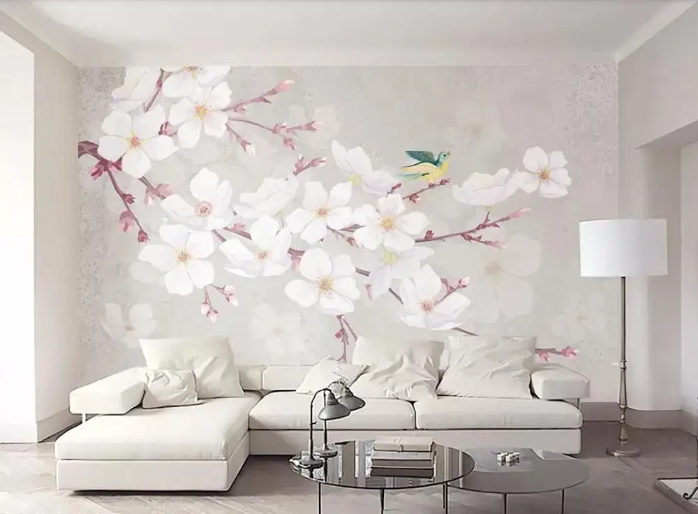 

Private custom cherry blossom simple flower and bird TV background wallpaper mural