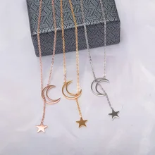 YUN RUO 2018 Yeni Gül Altın Renk Moda Ay ve Yıldız Kolye Kolye Titanyum Çelik Takı Kadın Hediye Solmaya Asla en Kaliteli