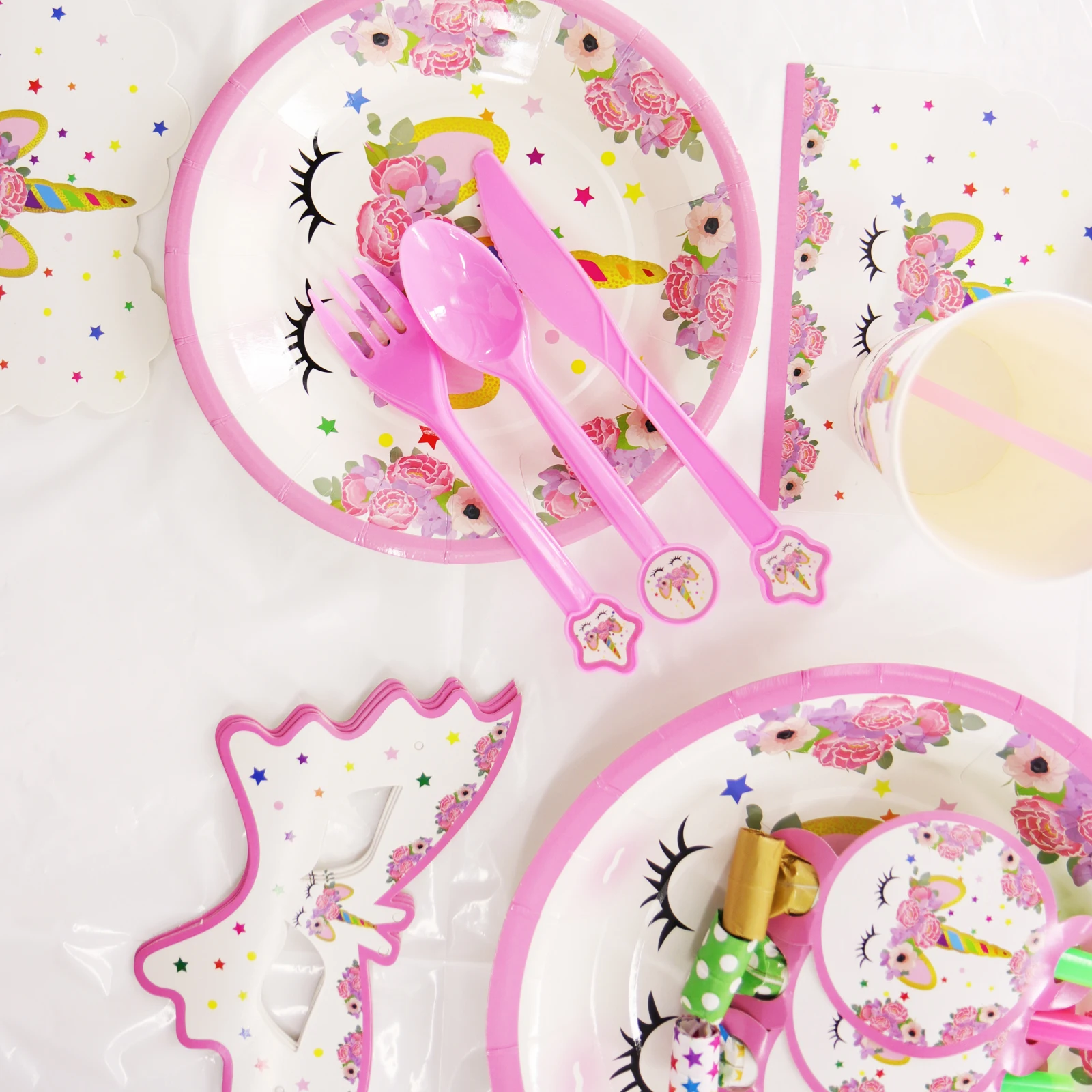 Милые розовые воздушные шары Свеча «Единорог» одноразовая посуда бумажный стаканчик, тарелка для мальчиков и девочек для первого дня рождения свадьбы
