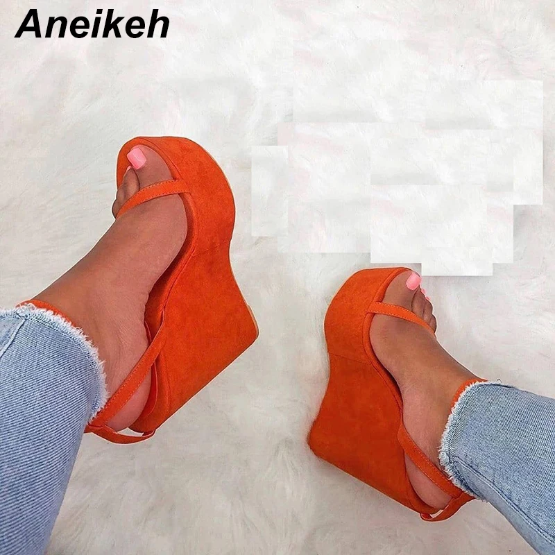 

Aneikeh 2019 Fashion Open Toe Wedge Sandals Sexy Faux Suede Ankle Strap Platform Shoes Woman Super High Cutouts Gladiator Sandal