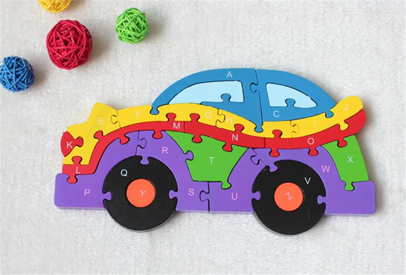 

New wooden toy Wooden car 26 piece English letters and digital cognitive Wooden Jigsaw Puzzle Free shipping