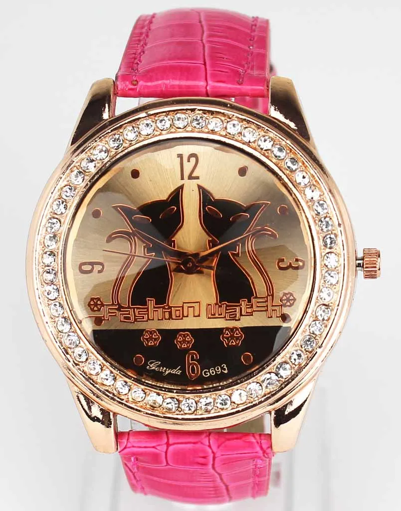 Женские Модные трендовые Кварцевые аналоговые наручные часы с циферблатом с двумя кошачьими мордочками, золотой чехол с кристаллами и кожаным ремешком