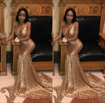 

Bling Gold Sequined Mermaid Prom Dress Plugging Neckline Long Party Evening Dresses For Black Girls Cheap Plus Size formal dress