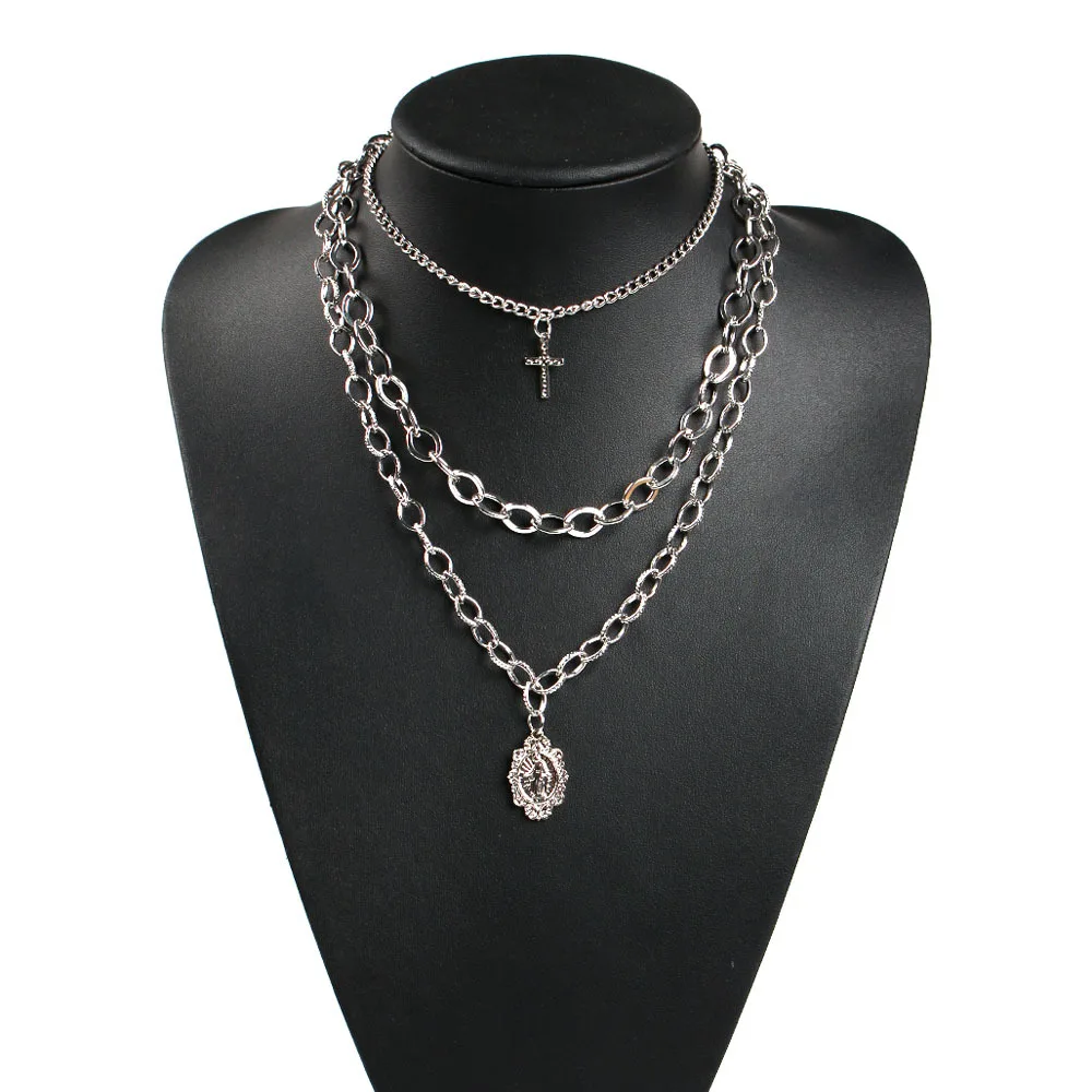 

Rhinestone Cross Layered Chains Pendant Necklace Women Choker Colar Necklaces Link Fashion Jewelry Harajuku Zinc Alloy MK001
