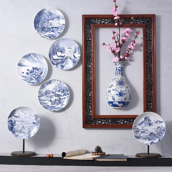 

Creative Hand Painted Blue and White Porcelain Plate Decoration Hang Wall Dish Flower Vases Crafts Living Room Adornment Gifts