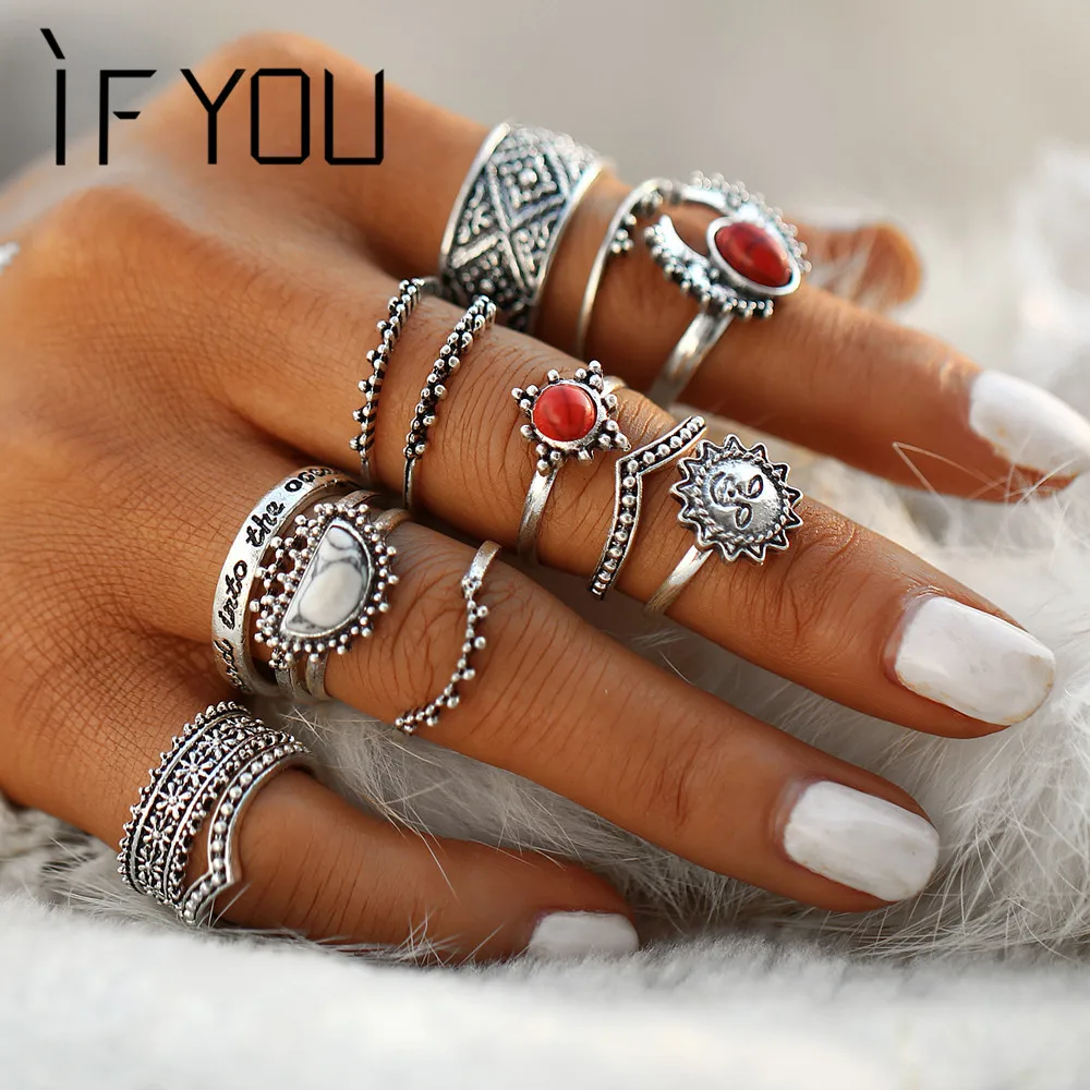 

IF YOU 14PCs/Set Vintage Tibet Lucky Red Antique Artificial Stone Moon Knuckle Midi Ring Set for Women Punk Boho Rings Gifts