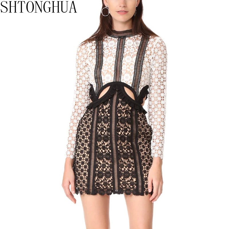 

SHTONGHUA Summer Self Portrait Dress 2019 Runway Women Long Sleeve Lace Patchwork Dew Waist Hollow Out Bodycon Mini Party Dress