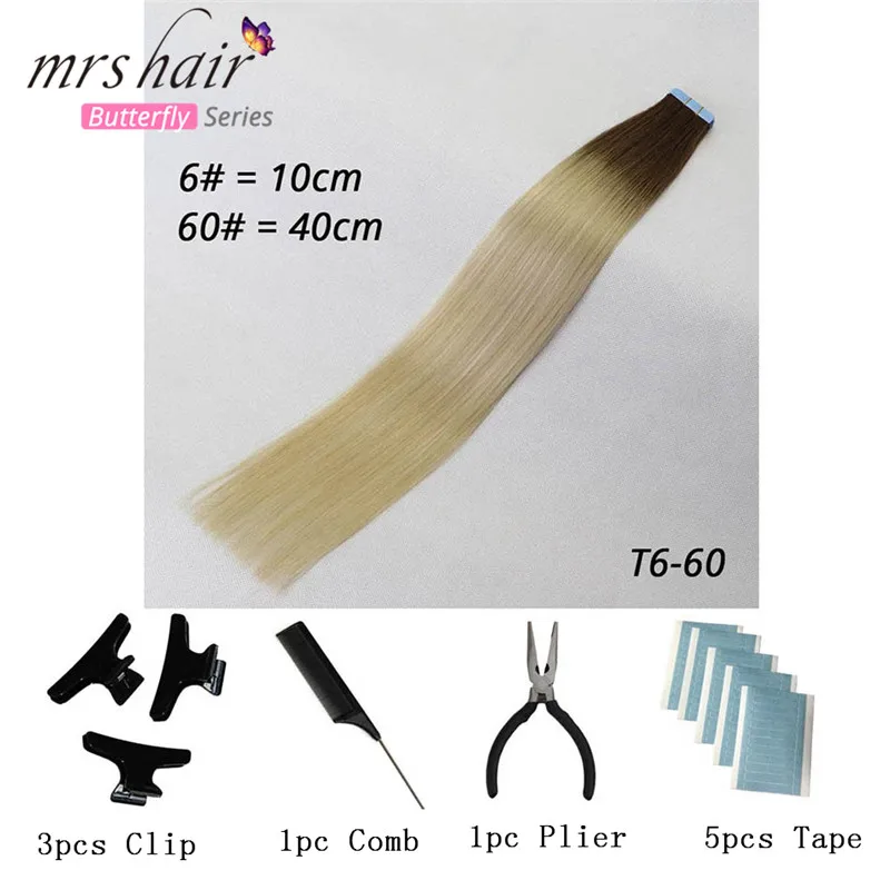 T6/60 # MRSHAIR, 6#, пряди для кожи, человеческие волосы, прямые, лента для наращивания, машинка для наращивания, волосы remy, двухсторонняя лента, комплекты для волос 16, 18, 20, 22, 24 дюймов - Цвет: T6/60 #