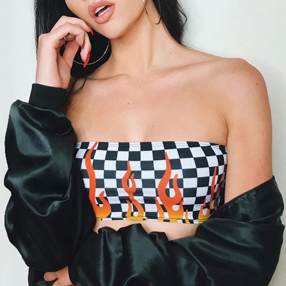 

sexy tops for women New Fashion 2018 Summer Ladies Flame Print Tank Tops Lattice Plaid Vest in Black 95% Polyester 5% Spandex