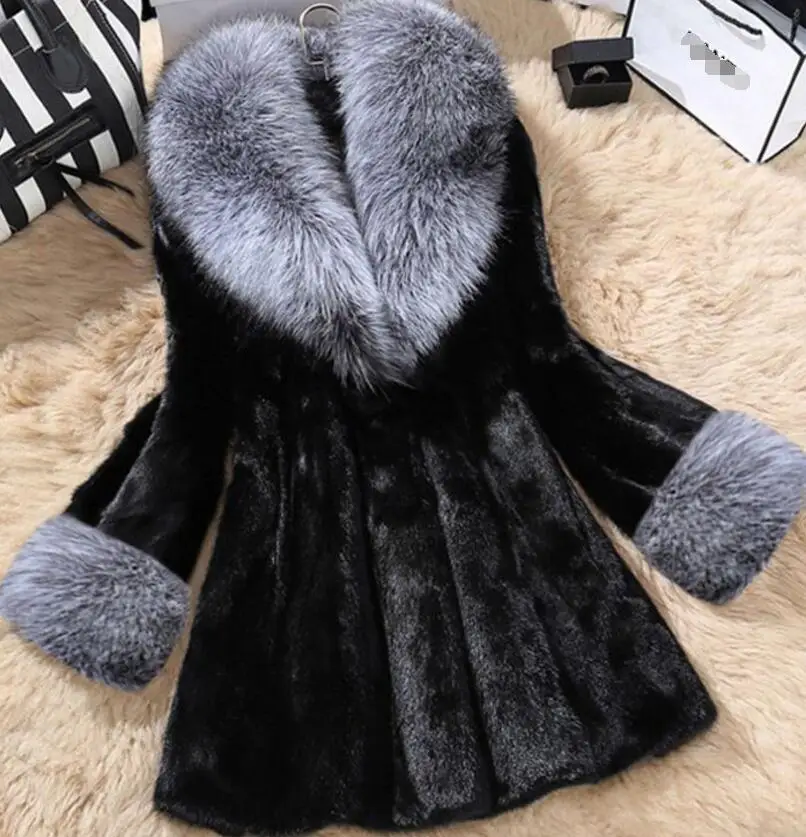 

2019 fashion winter imitation mink fur coat in long and large size imitation fox fur collar fur coat for women