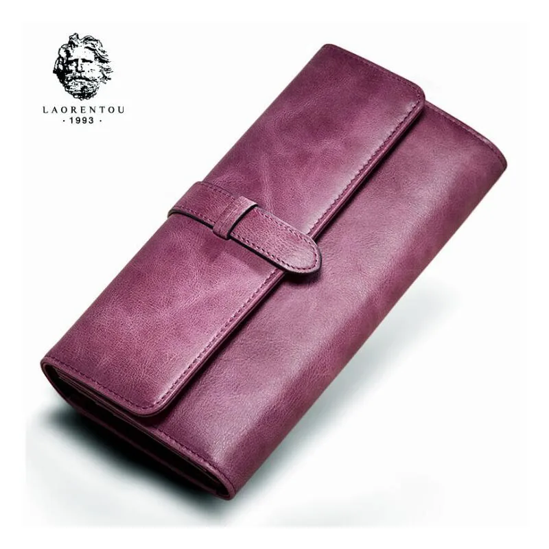 

LAORENTOU 2018 New women top cowhide fashion leather wallets luxury Buckle long wallets women bags designer clutch bags