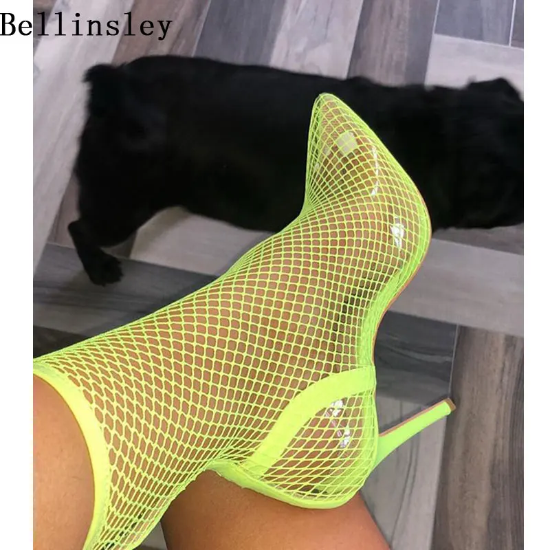 

Big SIZE42 Fluroscent Transparent Mesh Stretch Ankle Boots For Women Pointed Toe Stilettos High Heels Sock Boots Nightclub Pumps