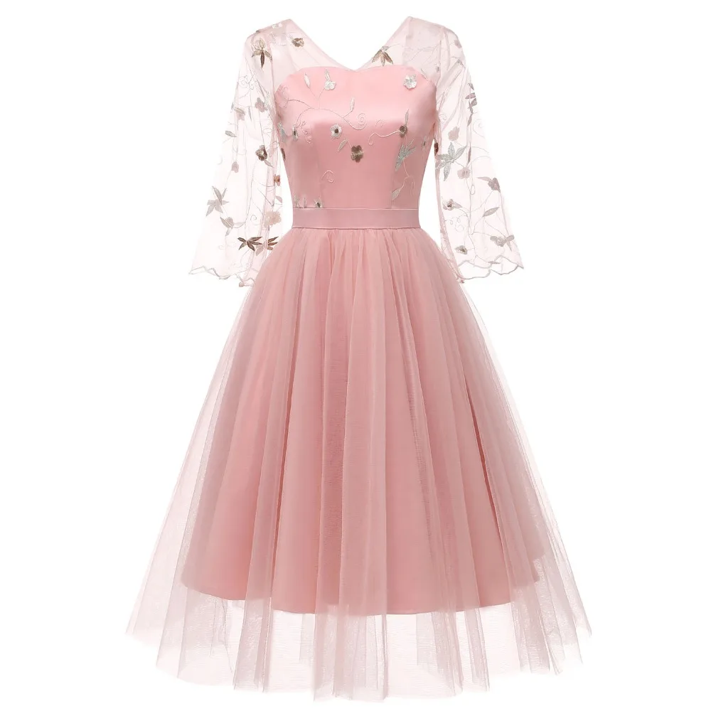 

Women Floral Embroidery Lace Tulle Illusion Dress Pink Elegant Vintage Dress Sheer 3/4 Sleeves Formal Party Dress