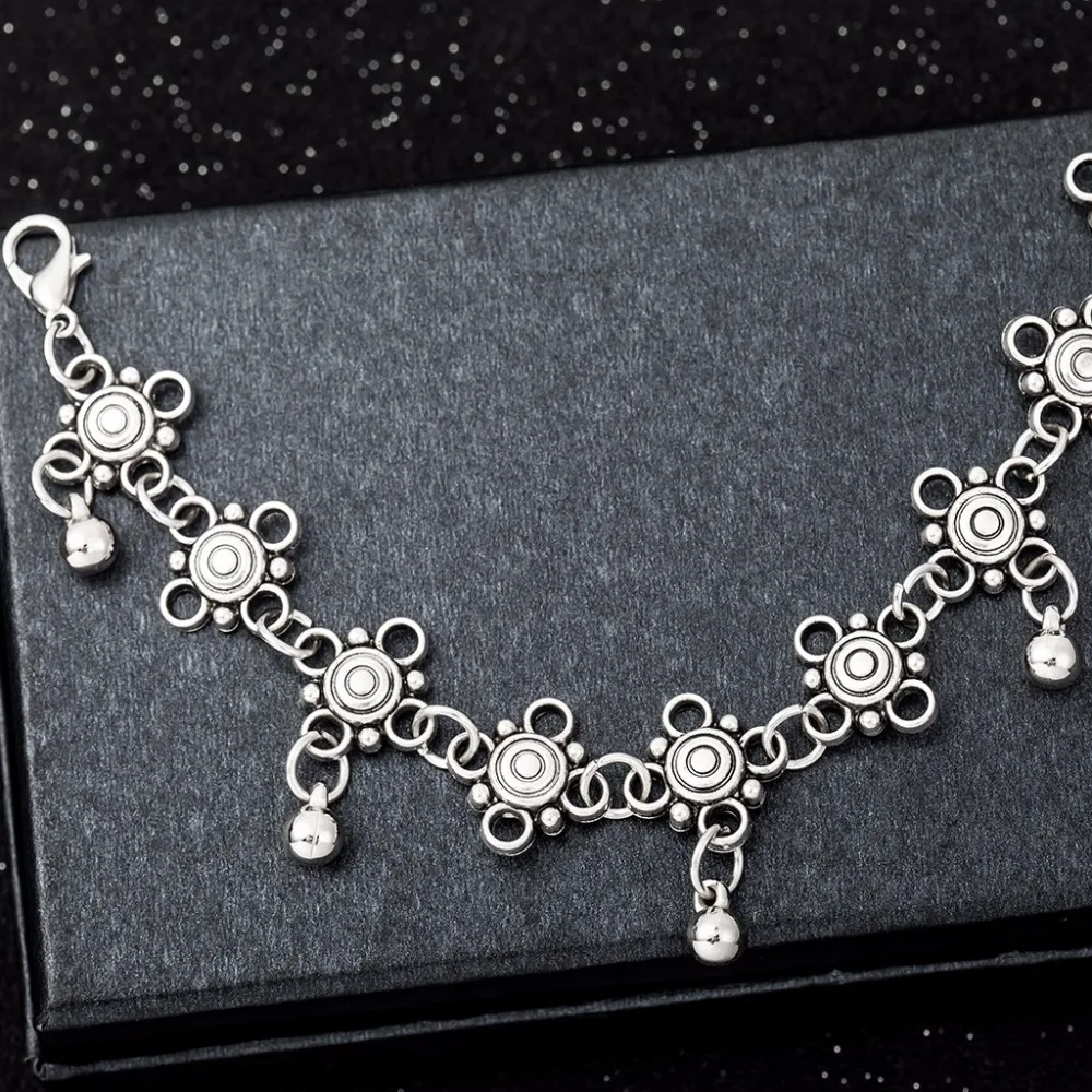 

Vintage Flower Charms Beads Pendant Tassel Retro Silver Anklets for Women