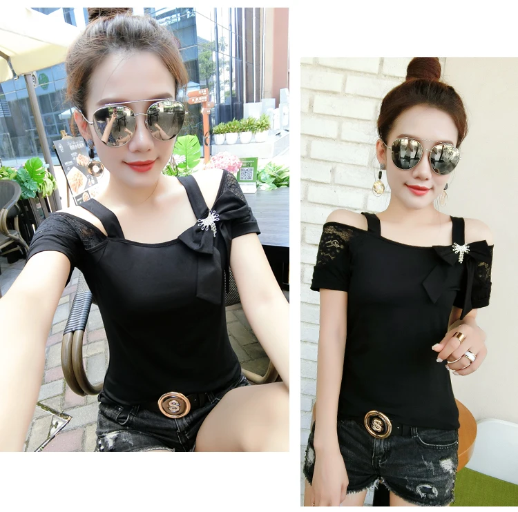 Корейская Сексуальная кружевная футболка с вырезом лодочкой и открытыми плечами, новинка, летняя Приталенная футболка с бантом, одежда, рубашка, Camiseta Mujer, цвет черный, хаки, T95105L