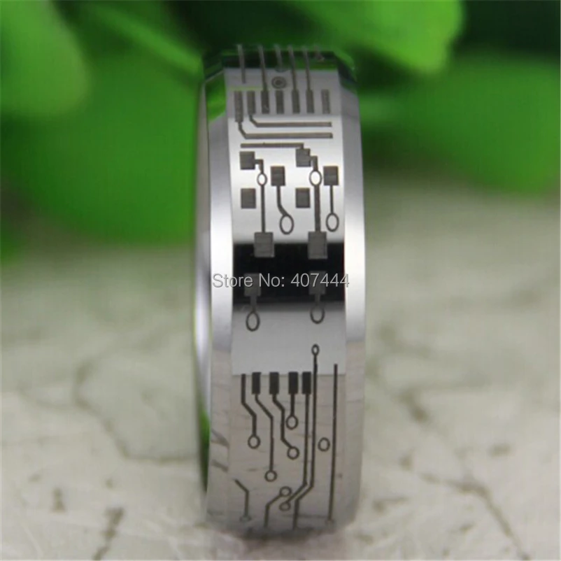 Free Shipping YGK JEWELRY Hot Sales 8MM Silver Bevel CIRCUIT BOARD Design Mens Comfort Fit Tungsten Wedding Ring