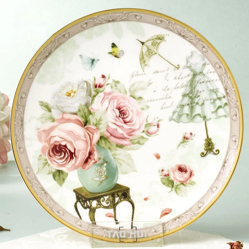 

8 Inch Rose Pattern Dinner Round Plate Fast Food Tray Steak Plate Bone China Plate Dish Fruit Dish Tableware Christmas Gift 1pcs