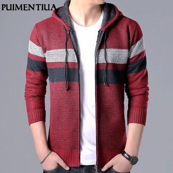 

Puimentiua Men's Autumn Winter Plus Velvet Thick Long-Sleeved Hooded Color Matching Knitted Jacket Men's Tops Cardigan Hoodies