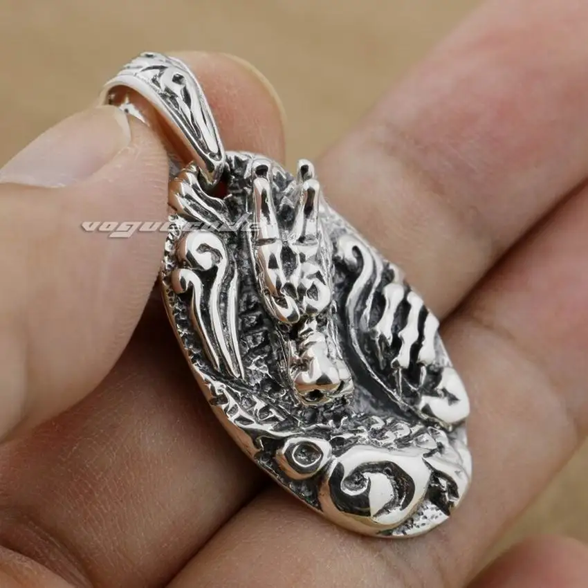 

925 Sterling Silver Dragon Tag Mens Biker Rocker Pendant 9E013 Stainless Steel Necklace 24 inches