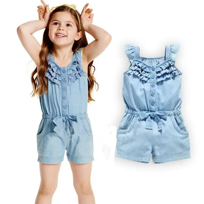 

summer 2016 girls denim overalls for girls jumpsuits romper trousers kids cotton dungarees short jeans playsuit onepiece