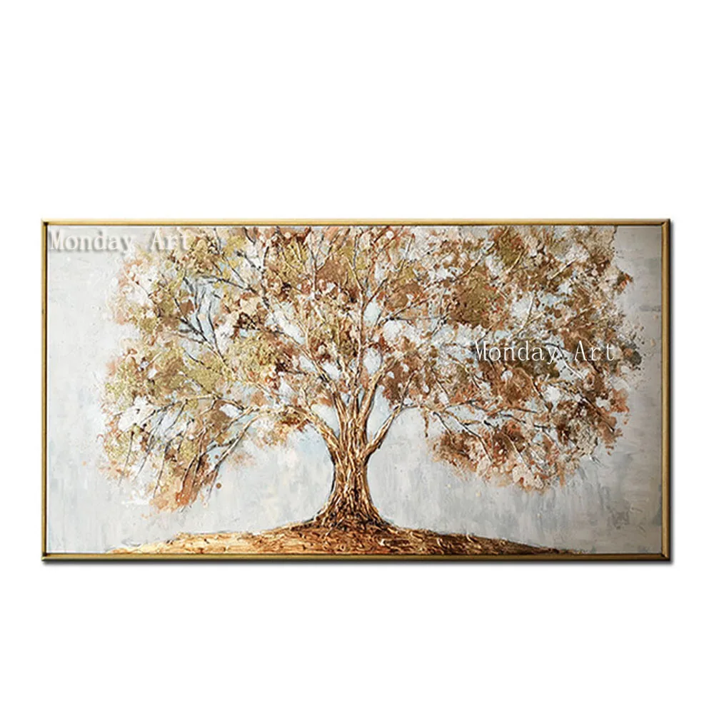 

Handmade 1 Pcs Retro And Nostalgic Style golden Tree Oil Painting Long landscape Canvas Art Modern Corridor Home Decoration