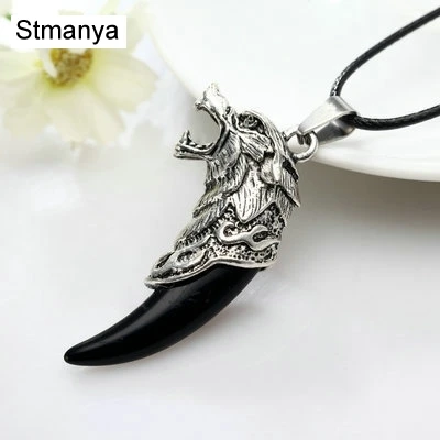 Wolf tooth men necklace - Fashion Resin wolf tooth alloy wolf head Pendant Necklace with leather rope jewelry #19006