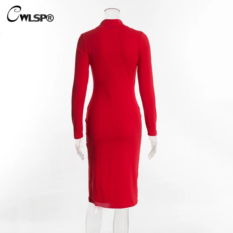 CWLSP manga larga Mock Neck Stretch vestido sólido Partido otoño elegante Midi vestidos Sexy partido vestido Slim ropa mujer QL4211 CWLSP manga larga Mock Neck Stretch vestido sólido Partido otoño elegante Midi vestidos Sexy partido vestido Slim ropa mujer QL4211